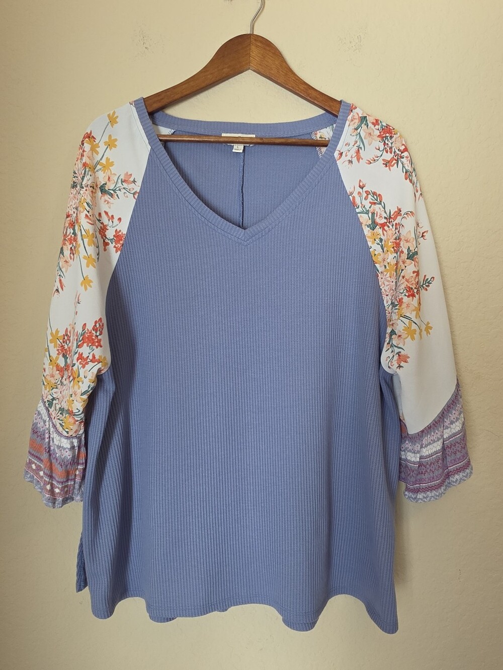 Umgee Blouse Womens Large Blue Ribbed Floral Sleeve Cottagecore
